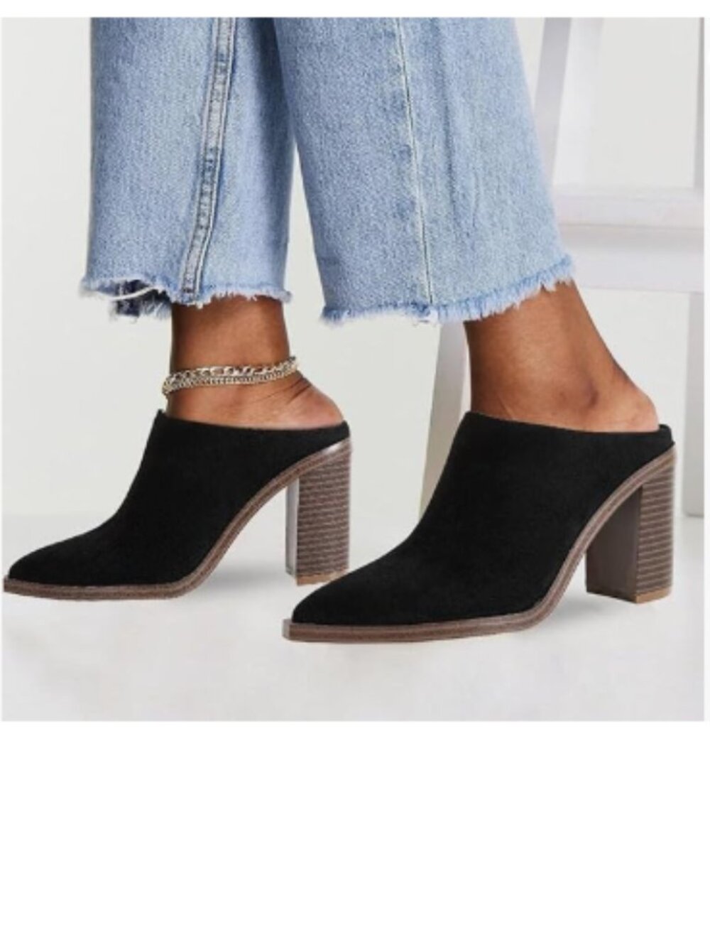 FOWT Black Pointed Toe Slip On Mules Stacked Block High Heel Sandal Proms Shoes